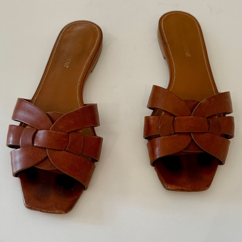 Saint Laurent Woven Leather Sandal Slide Tribute